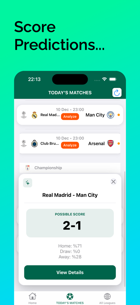 ZAP app interface showing score predictions and win probabilities for a soccer match between Real Madrid and Man City