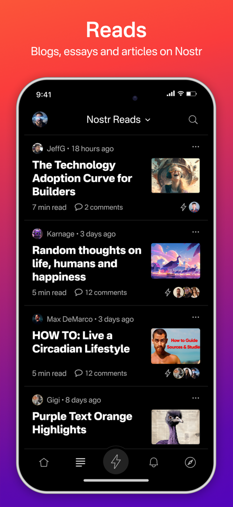 Primal - Interface of the Primal app showing the Reads feed with long-form articles and blog posts on the Nostr protocol.