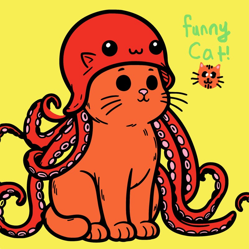 cat sitting down wearing an octopus hat with the octopus tentacles falling on the side of it’s body