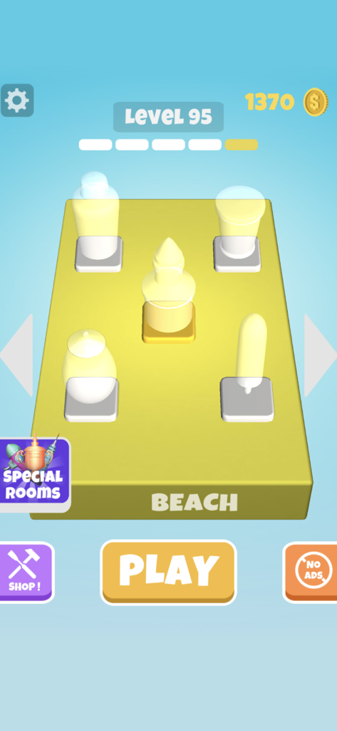 Wood Shop - Interfaz del juego móvil Wood Shop que muestra una colección de objetos tallados en el nivel 95