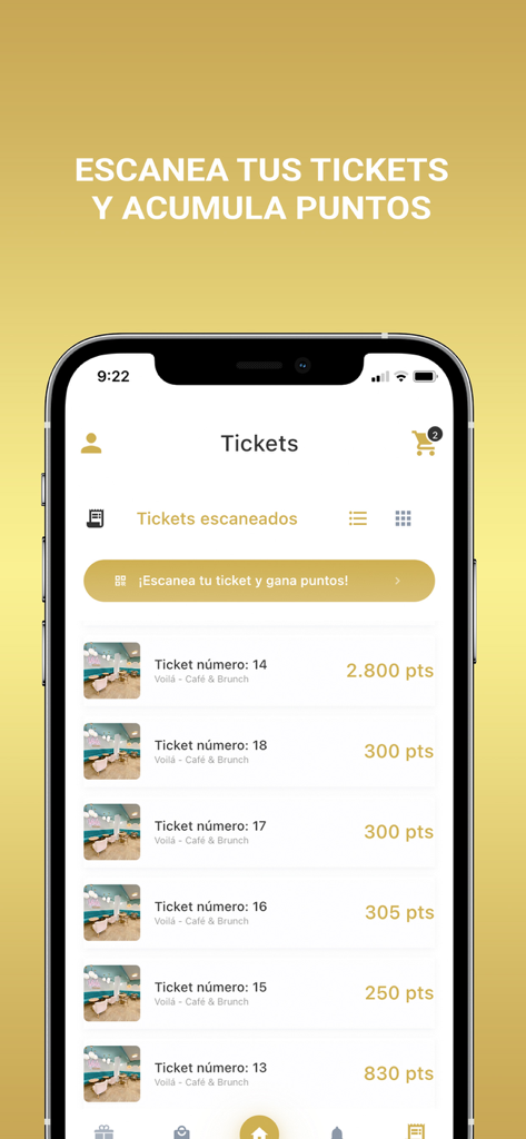 Voilá - Café & Brunch - Tela do aplicativo Voila exibindo tickets escaneados e pontos de fidelidade