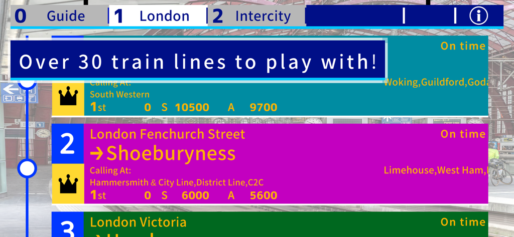 Una interfaz de horario de trenes digital en London Dispatcher que muestra múltiples rutas y el texto Más de 30 líneas de tren para jugar.