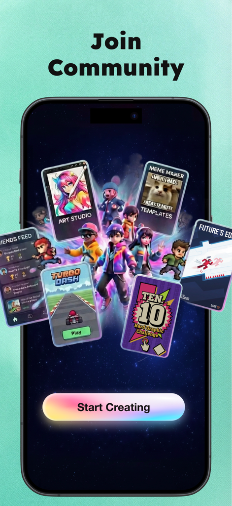 Sekai app screen showing a collection of interactive game cards like Art Studio and Turbo Dash with a Join Community call to action.