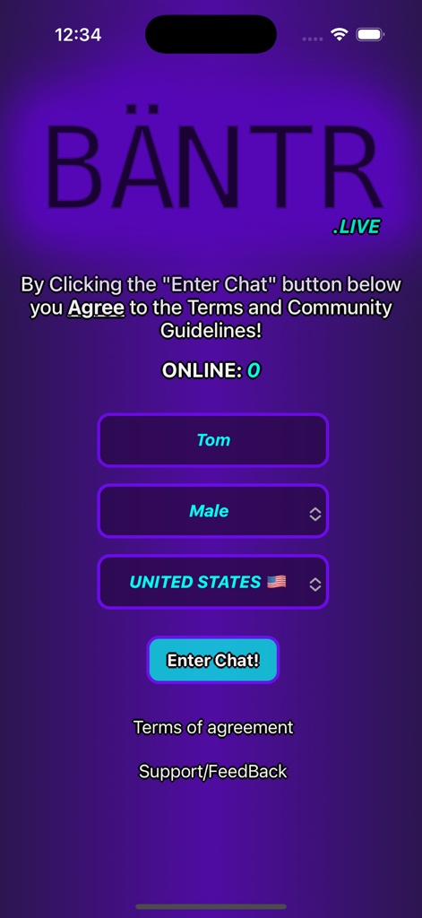 BÄNTR.LIVE - Schermata di accesso all'app di social network BÄNTR.LIVE che mostra campi per nome utente, genere e selezione del paese.
