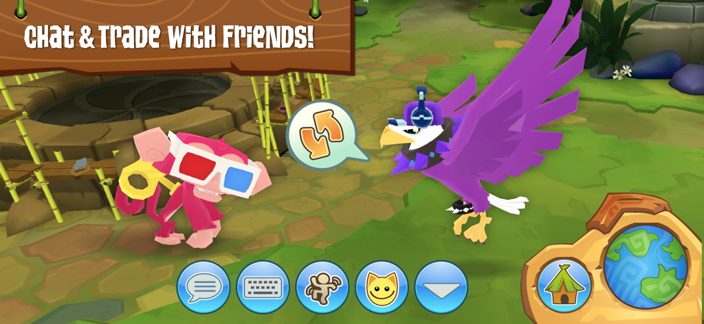 A pink monkey and purple eagle character interacting in the Animal Jam game with a trade bubble.