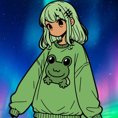girl wearing frogging sweatshirt