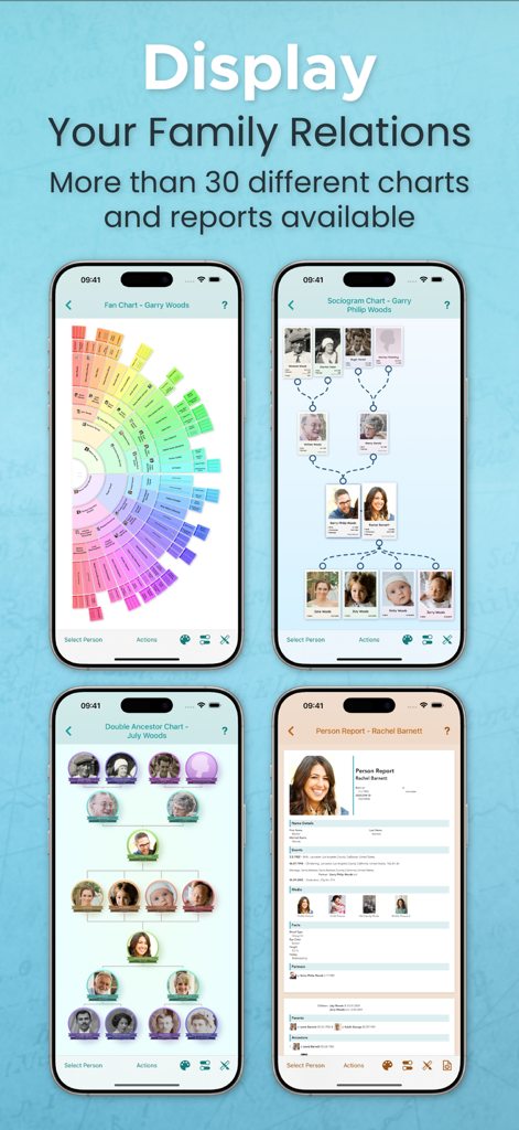 Anzeige verschiedener Stammbaumdiagramme und Berichte, einschließlich eines Fächerdiagramms und Soziogramms auf mobilen Bildschirmen