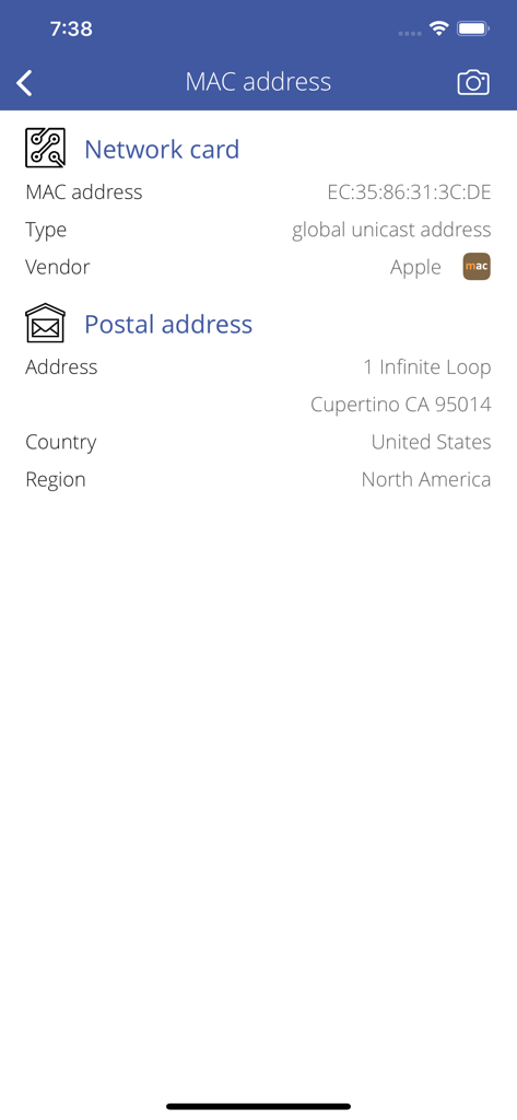 Printer Discover - Printer Discover app interface showing network card MAC address and vendor location information