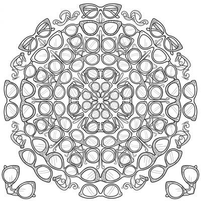 Dive into the chic world of fashion with this captivating Women's Eyewear Mandala coloring page. Discover an intricate array of stylish glasses and sunglasses, all woven into a stunning circular design ready for your creative touch.