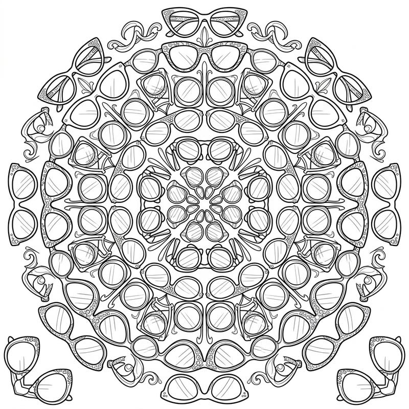 Dive into the chic world of fashion with this captivating Women's Eyewear Mandala coloring page. Discover an intricate array of stylish glasses and sunglasses, all woven into a stunning circular design ready for your creative touch.