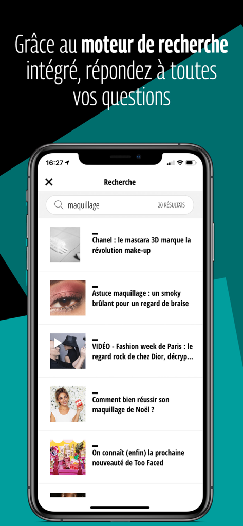 Tela de resultados de pesquisa no aplicativo Grazia mostrando artigos sobre maquiagem e tendências de moda.