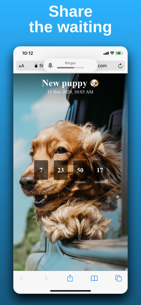 Countdown with widget - A mobile screenshot showing a shared live website countdown for a new puppy with an aesthetic photo of a dog in a car