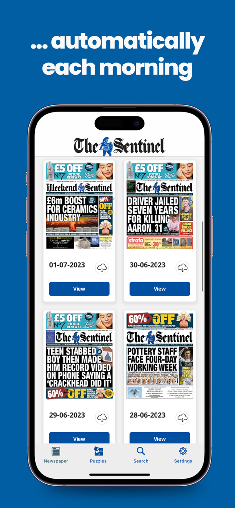 Smartphone-Bildschirm, der die Stoke Sentinel-App mit einer Sammlung täglicher digitaler Zeitungs-Editionen zum Lesen zeigt.
