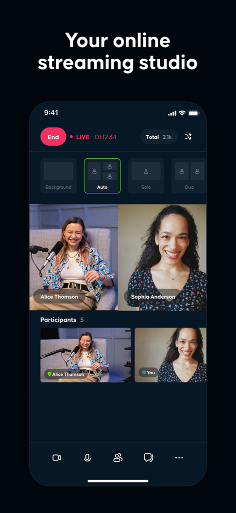 Rumble Studio - Rumble Studio app interface showing two people co-hosting a live stream in a split-screen layout