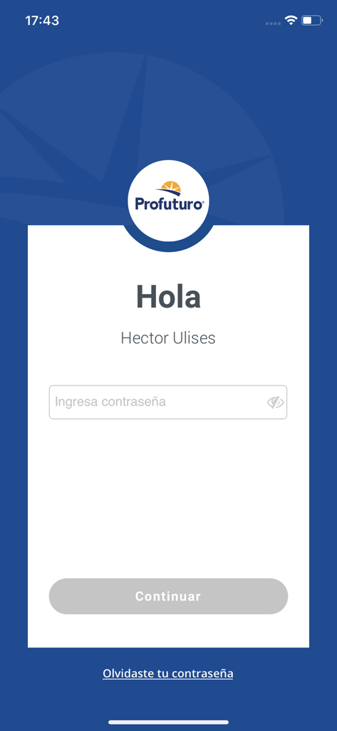 Profuturo Móvil - Login screen for the Profuturo Móvil app showing a welcome message and password input field.
