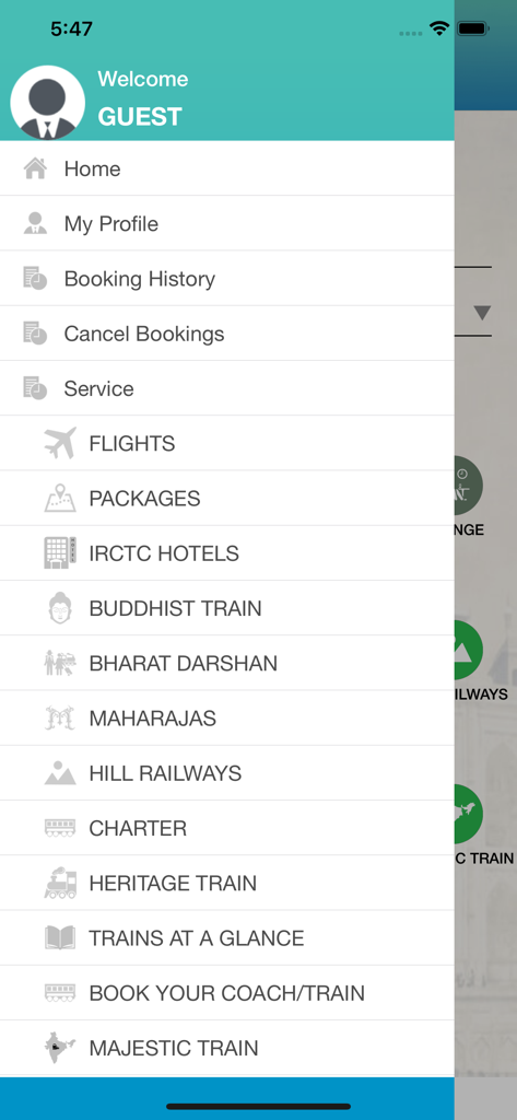 Navigation sidebar of the IRCTC Tourism app listing travel services like flights hotels and themed train packages