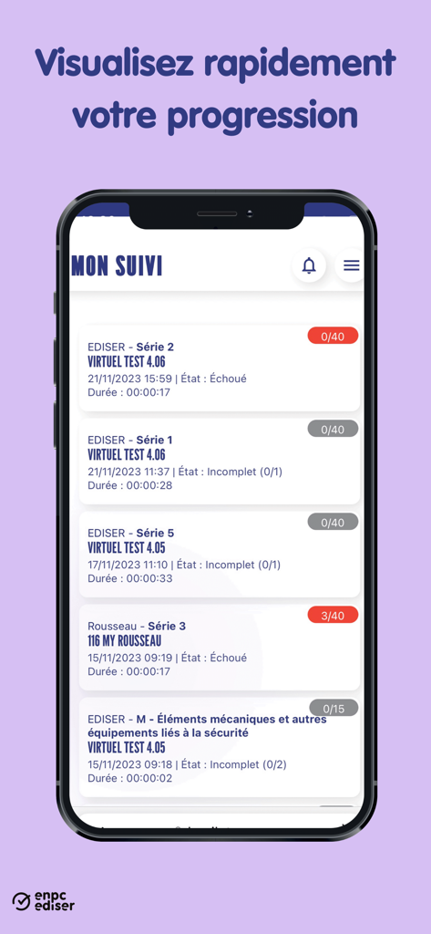 Kopilote - Dashboard view of the Kopilote app showing driving theory test results and progress tracking