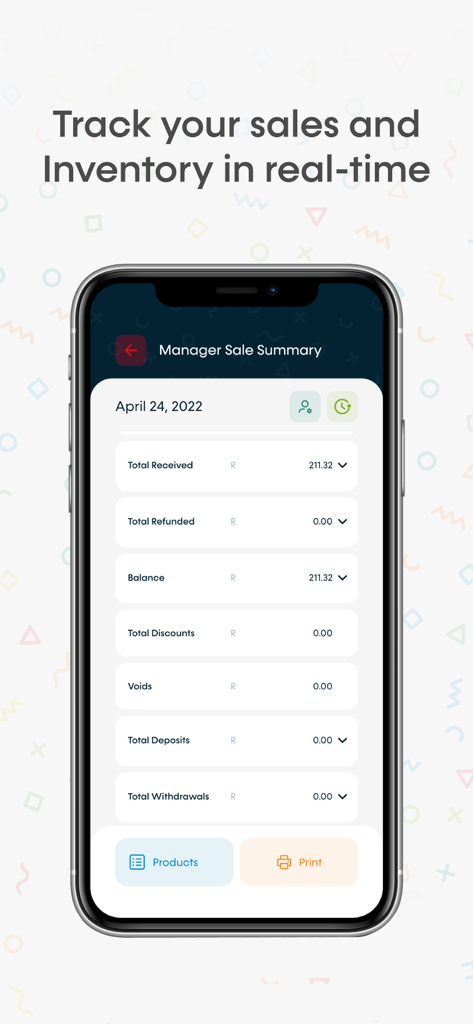 Munch Go mobile app interface showing real-time manager sales summary and inventory tracking