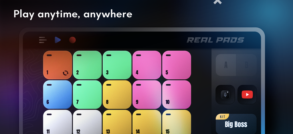 Real Pads: DJ electro drums - Interface of Real Pads mobile app featuring a colorful grid of electronic drum pads for music production
