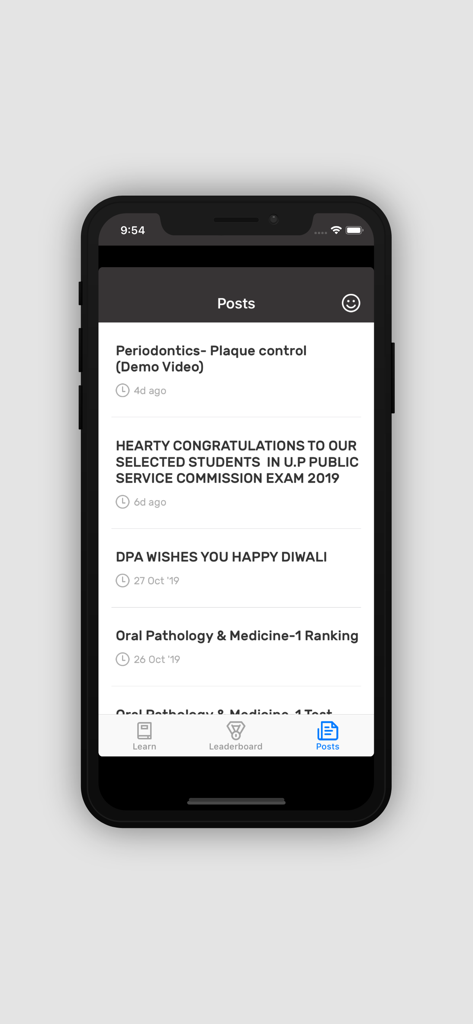 Dental Pulse Academy - The Posts screen of the Dental Pulse Academy app displaying exam news and dental video updates