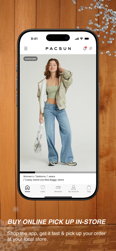 Pacsun app interface showing a model wearing baggy jeans with a buy online pick up in store notification