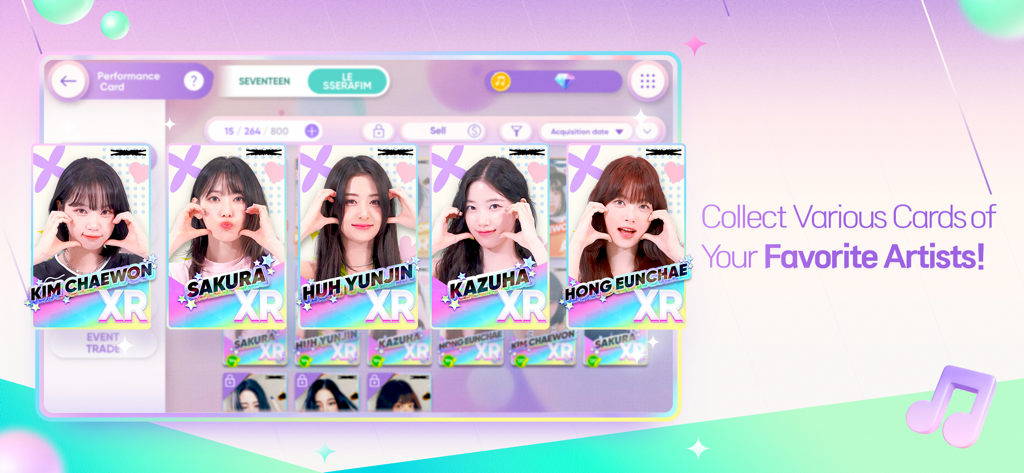 리듬 하이브 앱 인터페이스에 르세라핌 아티스트 포토 카드 컬렉션이 표시됨.