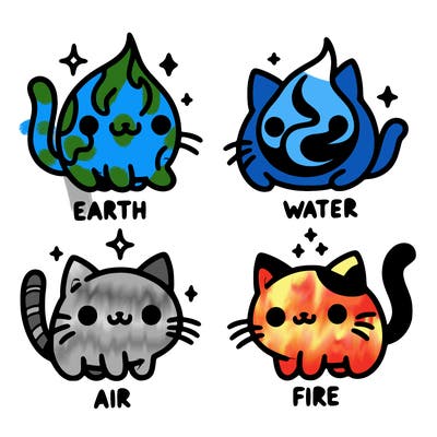 4 cats that represent the different elements, earth, water, air, and fire