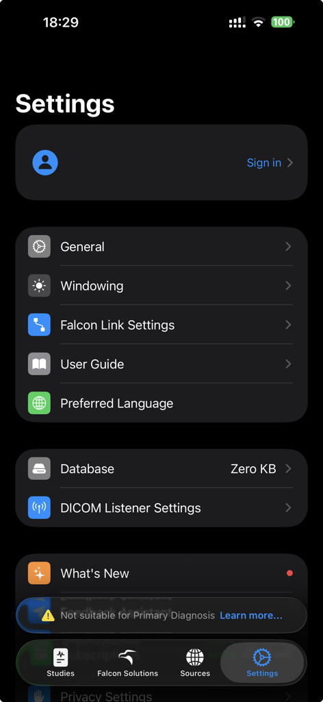 Falcon Mx - Settings screen of the Falcon Mx DICOM viewer app showing configuration options and medical image display preferences.