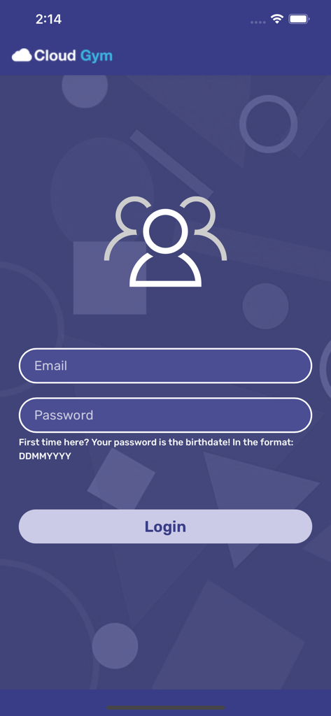 Cloud Gym EUR - Cloud Gym EUR app login screen with email and password fields