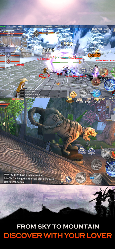 Sword of Shadows - Gameplay screenshots of Sword of Shadows showing martial arts combat in a snowy area and exploration near a giant tiger statue.