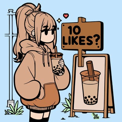 girl with oversized hoodie drinking boba and she has a high ponytail with a sign that says 10likes?