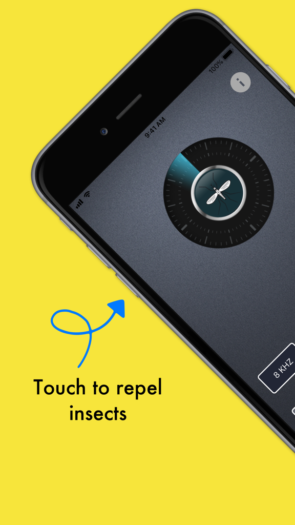 Ultrasonic Pest Repeller - Smartphone showing the Ultrasonic Pest Repeller app interface with a touch button to repel insects and a frequency dial