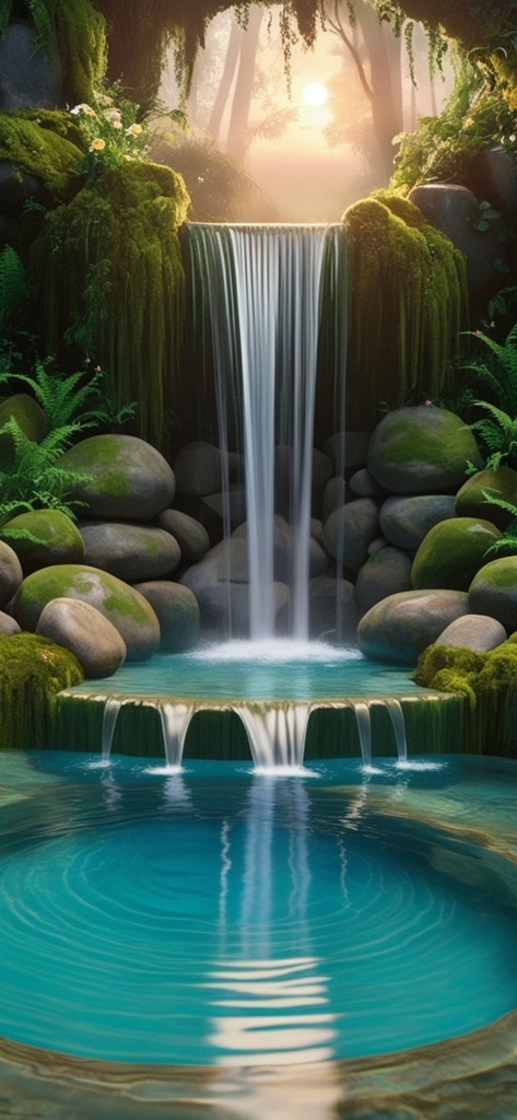 Uma cachoeira serena caindo em uma piscina azul cristalina cercada por rochas musgosas exuberantes e samambaias ao pôr do sol.