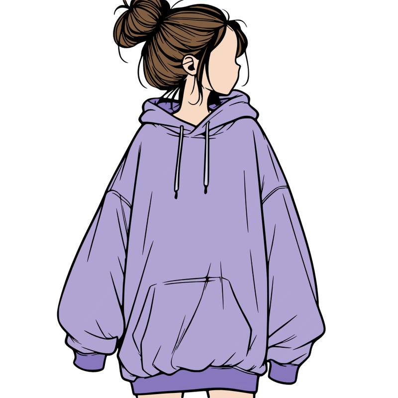realistic girl with a oversized sweatshirt on and a bun