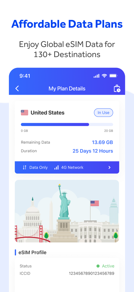 WePhone: 2nd Phone &WiFi Calls - WePhone app screen showing affordable eSIM data plan details for the United States