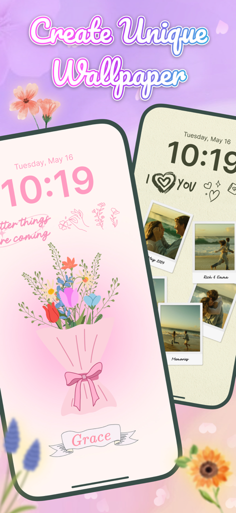 Dois iPhones exibindo papéis de parede personalizados com um buquê de nome floral e um tema de colagem de fotos