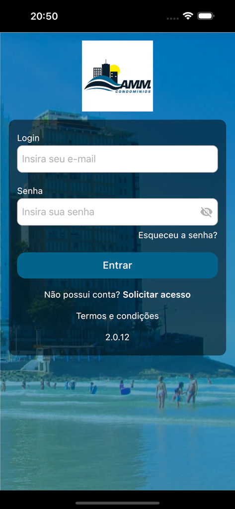 Amm Condomínios - Login screen for the Amm Condominios app featuring email and password input fields