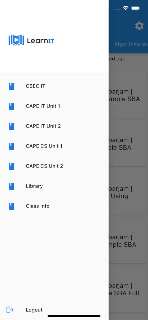 LearnIT by makeITsimpleTT - Sidebar menu of the LearnIT app showing CSEC and CAPE information technology course categories