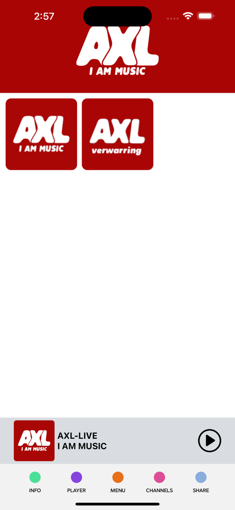AXL - Écran d'accueil de l'application musicale AXL avec sélection de chaîne et barre du lecteur en direct
