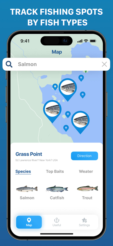 Fishing App : Fish Finder - Mobile app screen showing a map with specific salmon fishing spots and a local species guide