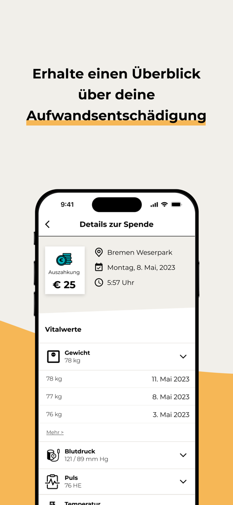 Mein CSL Plasma - Mobile screen of Mein CSL Plasma app showing donation compensation details and health vital signs tracking