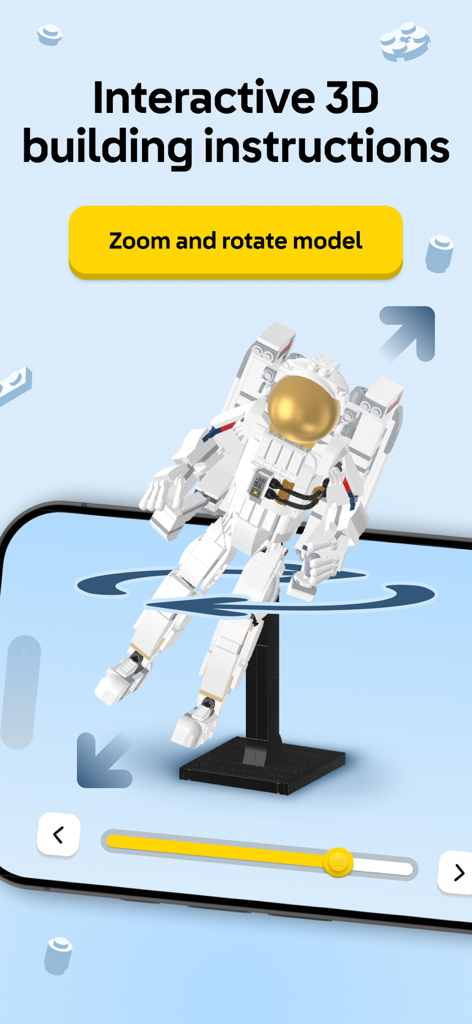 LEGO® Builder: 3D Instructions - Smartphone-Bildschirm zeigt interaktive 3D LEGO Bauanleitungen für ein Astronautenmodell.