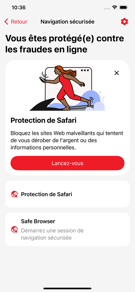 Interfaz de la aplicación Darty Sécurité que muestra la protección de Safari y las funciones de navegación segura contra el fraude en línea