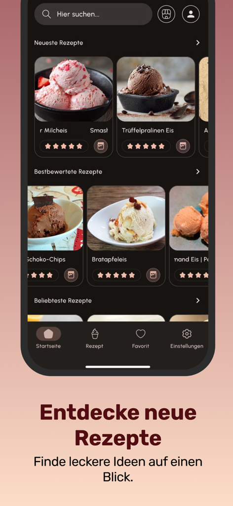 Eis-Perfecto - Pantalla de inicio de la aplicación Eis-Perfecto que muestra varias recetas de helados gourmet con calificaciones y fotos