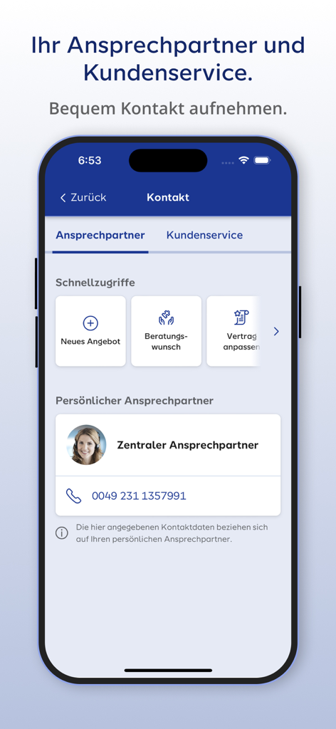 Meine SI Mobile - Meine SI Mobile app screen displaying customer service and personal contact options