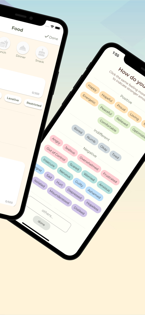 Brighter Bite 앱 인터페이스, 감정 태그가 포함된 식사 기록 및 기분 추적 표시