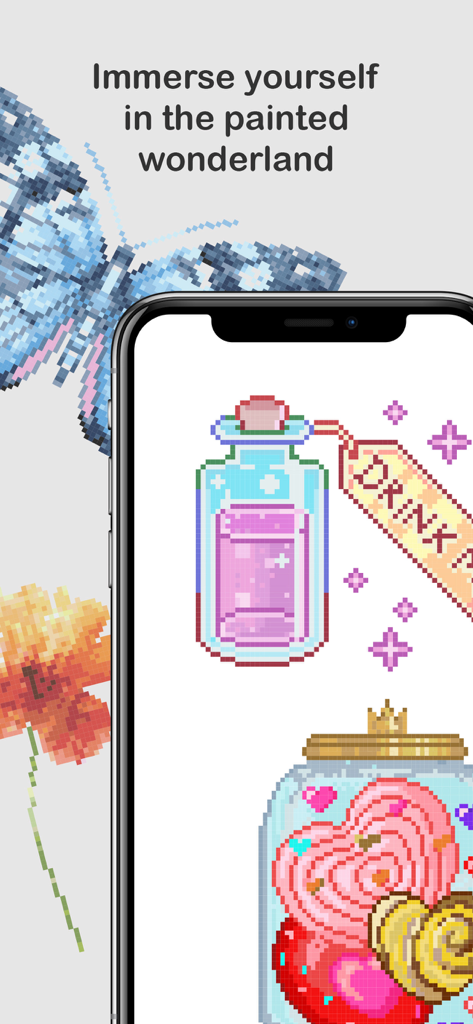Smartphone screen displaying whimsical pixel art designs like a magic potion bottle and a heart jar.