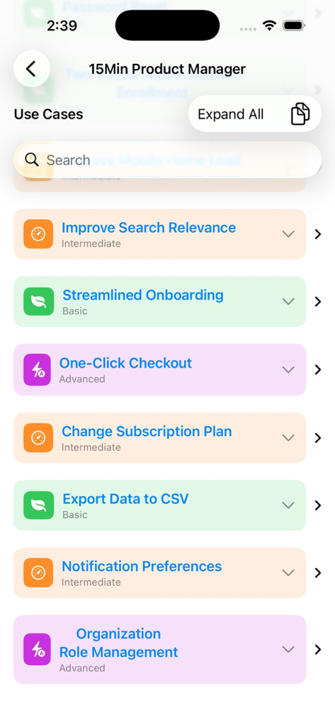 15 Min Product Manager - A list of real world product management use cases categorized by basic intermediate and advanced difficulty levels