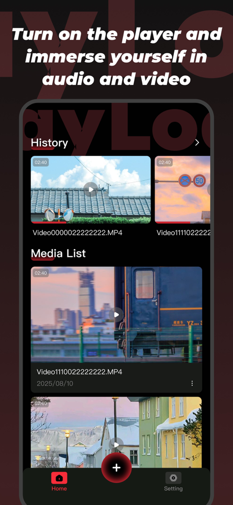 PlayLoad-Convenient Import - PlayLoad App Dashboard, das die Medienliste und den Videoverlauf mit verschiedenen Videominiaturansichten anzeigt.