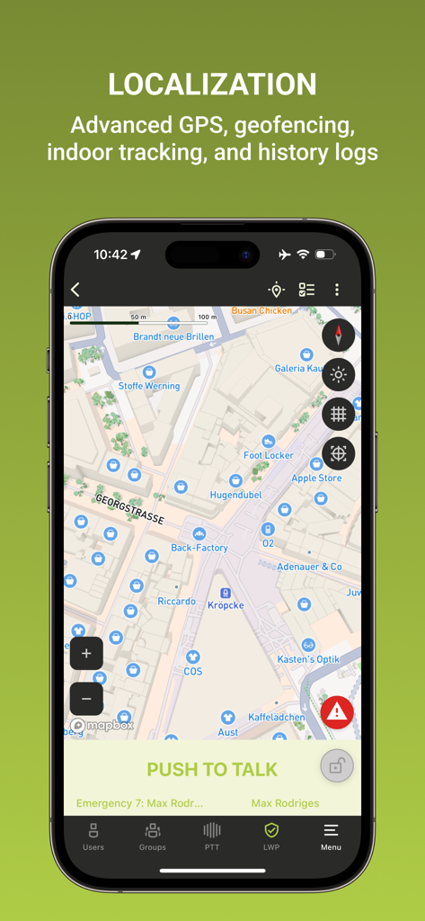TASSTA T.Flex - Interface of TASSTA T.Flex showing localization map and push to talk button